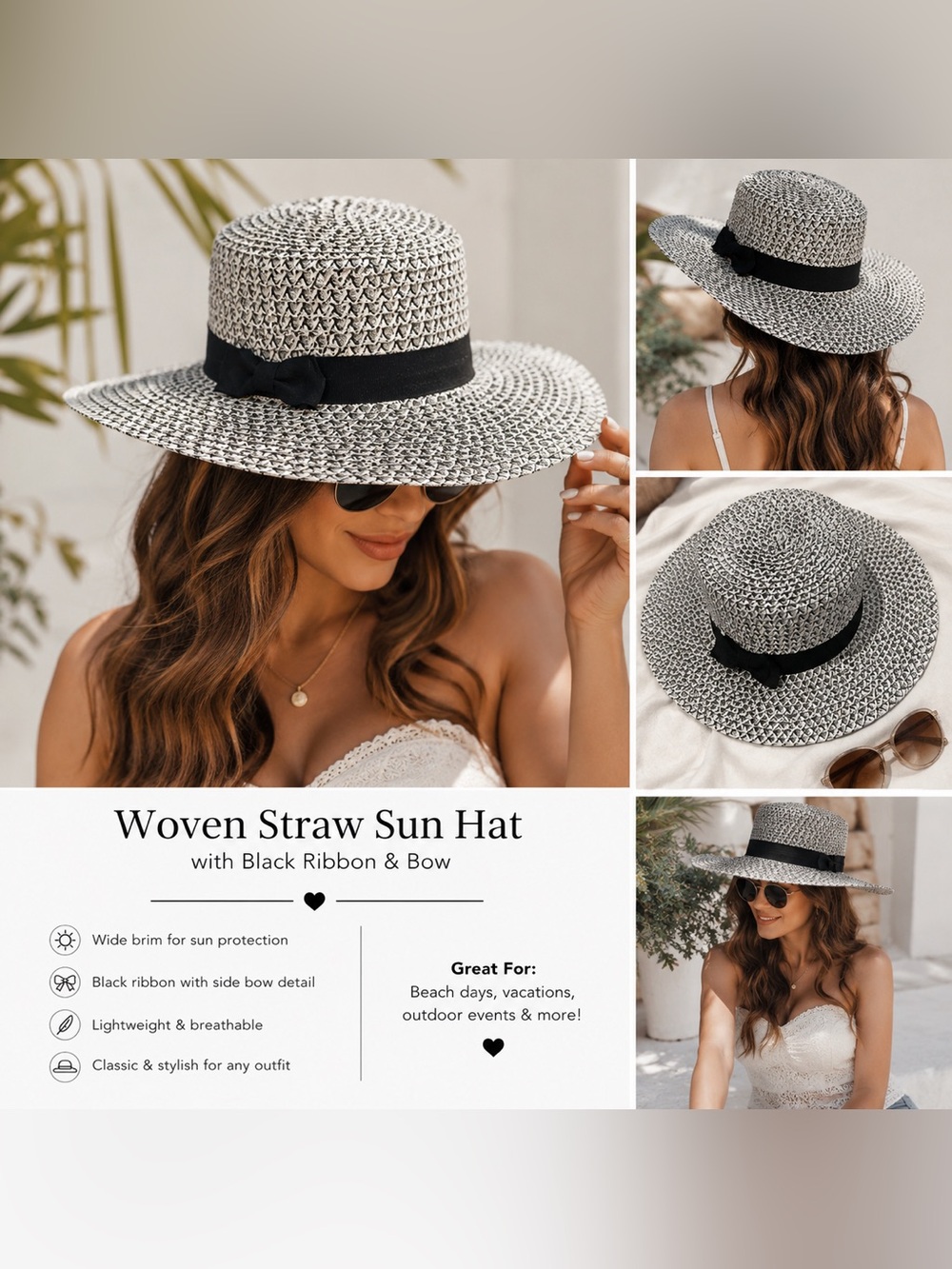 Black & White Woven Wide Brin Sun Hat with Black Ribbon Bow